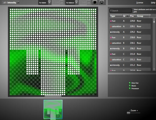 Lightjams interactive DMX lighting software grid with live pixel output and attribute list