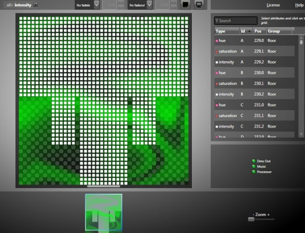 Lightjams interactive DMX lighting software grid with live pixel output and attribute list