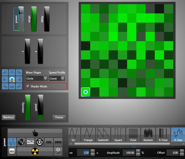 Lightjams source controls with wave shapes and shader mode driving a pixel grid